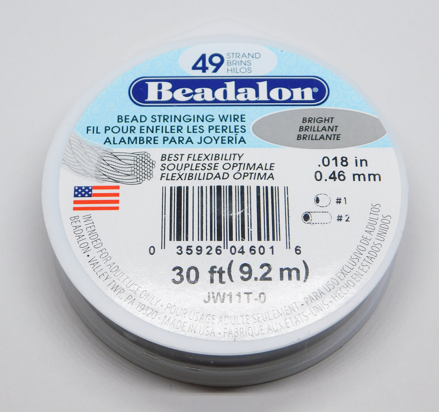 BEADALON STRINGING WIRE: BRIGHT, 49 STRAND, .018" DIAMETER, 30' SPOOL